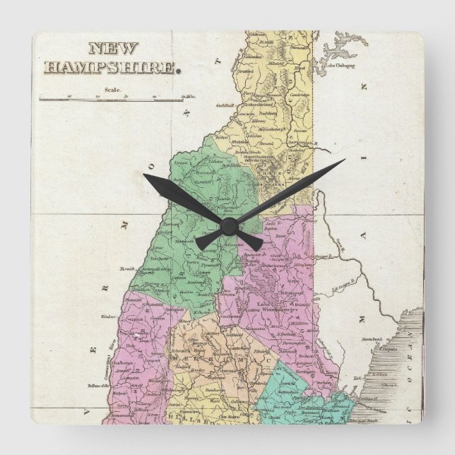 Reloj Cuadrado Mapa de época de New Hampshire (1827) (Anverso)
