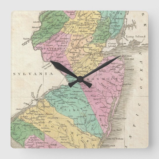 Reloj Cuadrado Mapa de época de Nueva Jersey (1827) (Anverso)