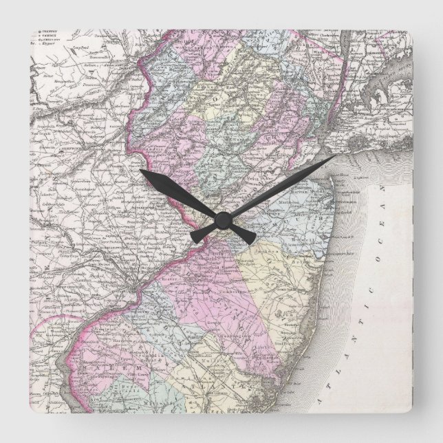 Reloj Cuadrado Mapa de época de Nueva Jersey (1855) (Anverso)