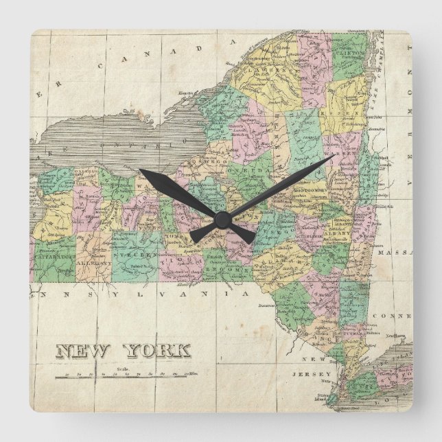 Reloj Cuadrado Mapa de época de Nueva York (1827) (Anverso)