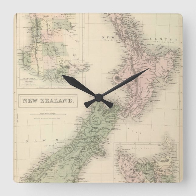 Reloj Cuadrado Mapa de época de Nueva Zelanda (1854) (Anverso)