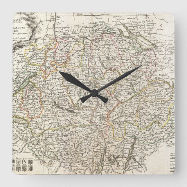 Reloj Cuadrado Mapa de época de Suiza (1771) (Anverso)