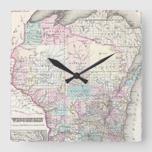 Reloj Cuadrado Mapa de época de Wisconsin (1855)