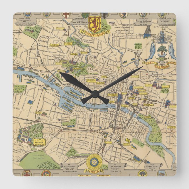 Reloj Cuadrado Mapa de Glasgow, Inglaterra (Anverso)