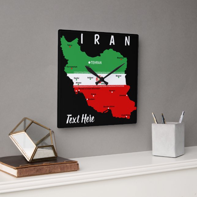 Reloj Cuadrado Mapa de Irán con bandera y emblema (Oficina)