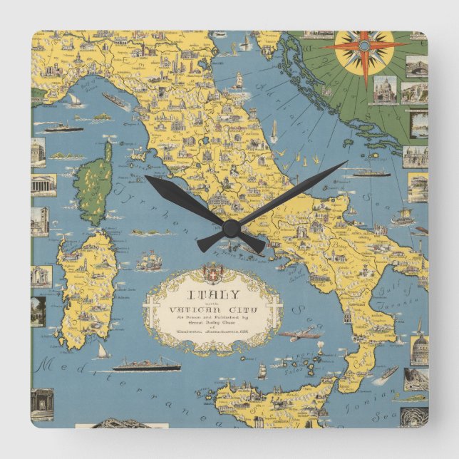 Reloj Cuadrado Mapa de Italia con la Ciudad del Vaticano (Anverso)
