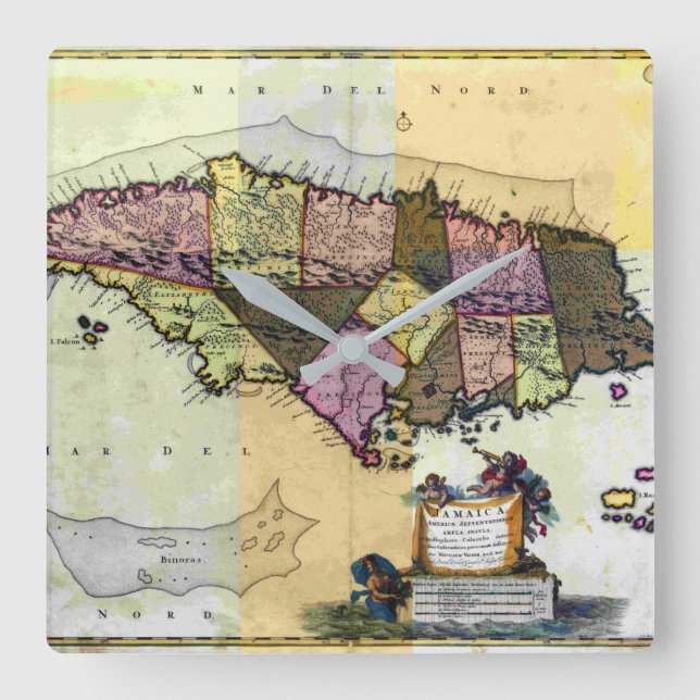 Reloj Cuadrado Mapa de la época de Jamaica 1680 (Anverso)