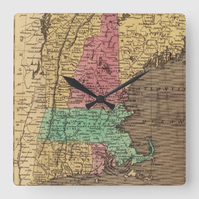 Reloj Cuadrado Mapa de la época de Nueva Inglaterra (1836) (Anverso)