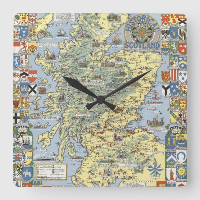 Reloj Cuadrado Mapa de la Escocia histórica (Anverso)