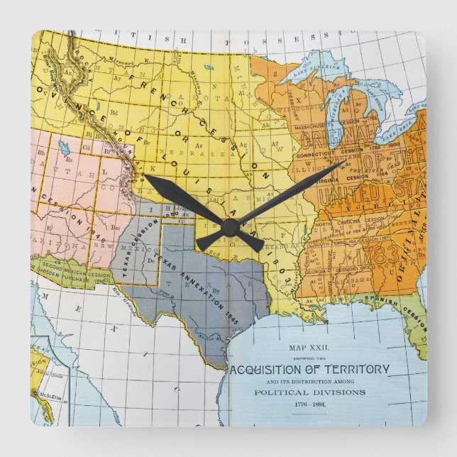 RELOJ CUADRADO MAPA DE LOS ESTADOS UNIDOS, 1776-1884 (Anverso)