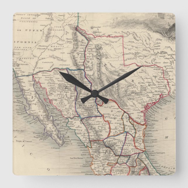 Reloj Cuadrado Mapa de México, California y Texas (Anverso)