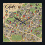 Reloj Cuadrado Mapa de Oxford, Inglaterra (ferrocarril británico)<br><div class="desc">"Oxford. British Reilways. J.P. Sayer". Mapa de posters pictóricos de la ciudad de Oxford, de 1949 por J.P. Sayer. El mapa fue publicado por British Railways para promover los viajes por ferrocarril. Presenta importantes monumentos, junto con figuras en disfraces de época, que ilustran la historia histórica de Oxford. Todas las...</div>