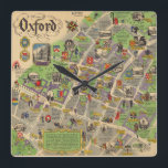 Reloj Cuadrado Mapa de Oxford, Inglaterra (ferrocarril británico)<br><div class="desc">"Oxford. British Reilways. J.P. Sayer". Mapa de posters pictóricos de la ciudad de Oxford, de 1949 por J.P. Sayer. El mapa fue publicado por British Railways para promover los viajes por ferrocarril. Presenta importantes monumentos, junto con figuras en disfraces de época, que ilustran la historia histórica de Oxford. Todas las...</div>