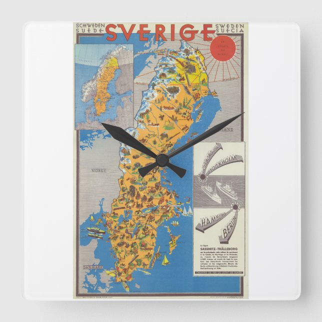 Reloj Cuadrado Mapa de Suecia (Anverso)