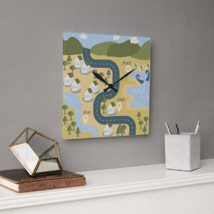Reloj Cuadrado Mapa de viaje de vacaciones de paisaje de dibujos 