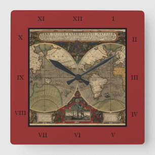 Reloj Cuadrado Mapa del mundo 1595 del vintage de Jodocus Hondius