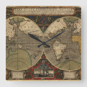 Reloj Cuadrado Mapa del mundo 1595 del vintage de Jodocus Hondius