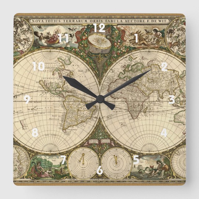 Reloj Cuadrado Mapa del mundo 1660 de la antigüedad de Frederick (Anverso)