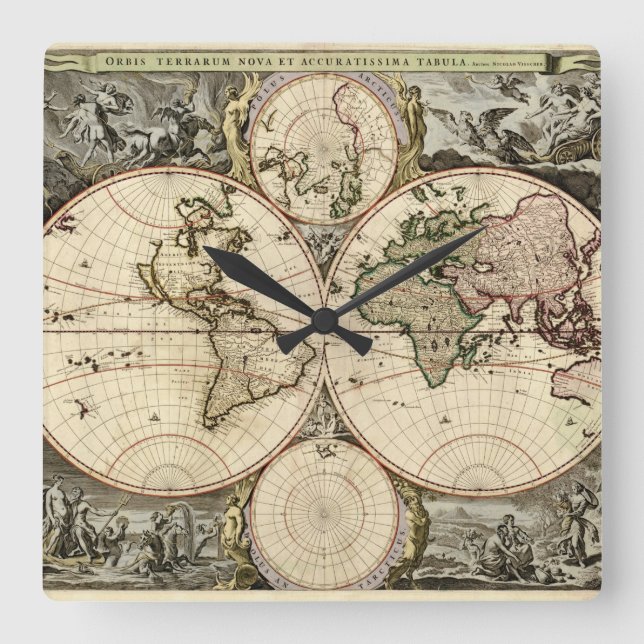 Reloj Cuadrado Mapa del mundo antiguo de Nicolao Visscher, circa (Anverso)