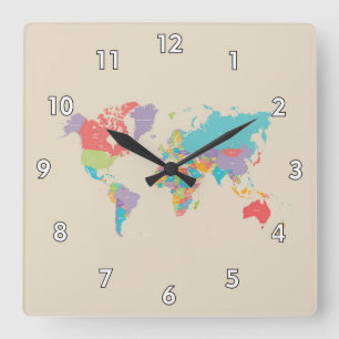 Reloj Cuadrado Mapa del mundo bonito y colorido