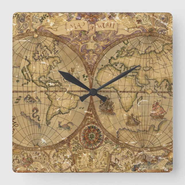 Reloj Cuadrado Mapa del mundo de la cosecha de vintage (Anverso)