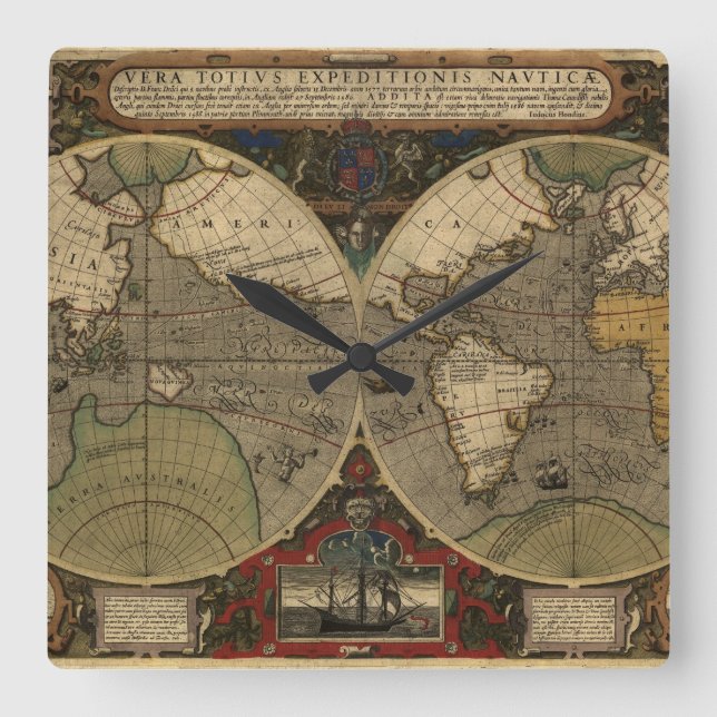 Reloj Cuadrado Mapa del mundo de la época 1595 de Jodocuments Hon (Anverso)