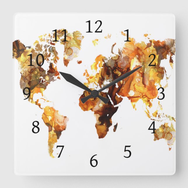 Reloj Cuadrado Mapa del mundo del diseño 102 (Anverso)