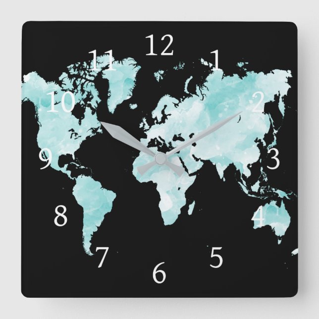 Reloj Cuadrado Mapa del mundo negro del azul de la aguamarina del (Anverso)