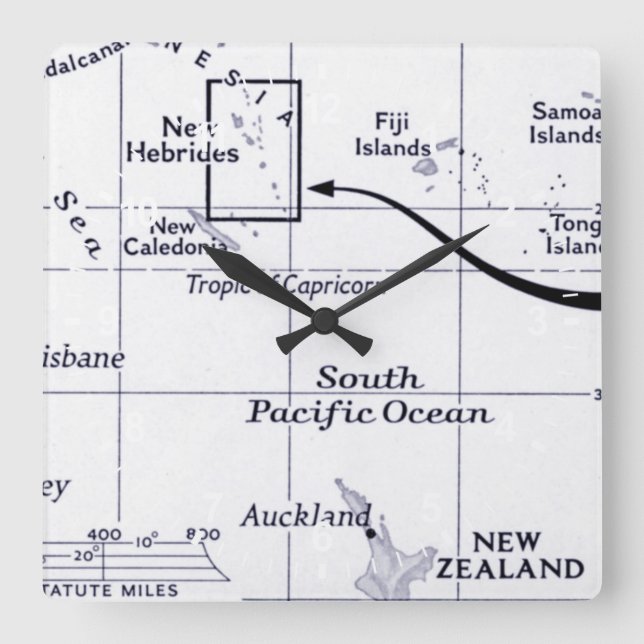 Reloj Cuadrado Mapa del océano de South Pacific (Anverso)