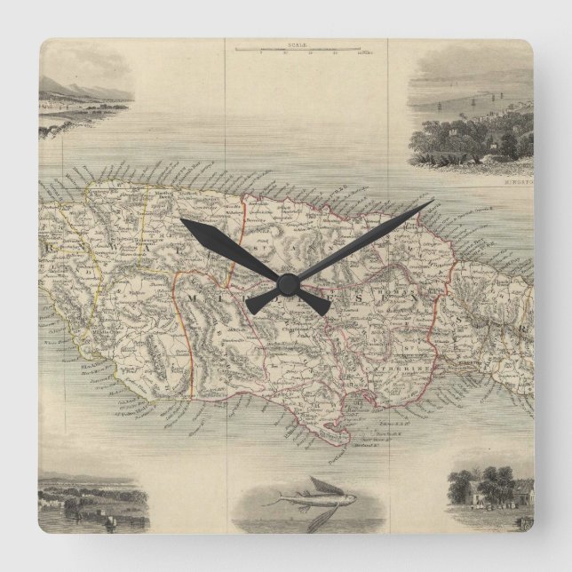 Reloj Cuadrado Mapa del vintage de Jamaica (1851) (Anverso)