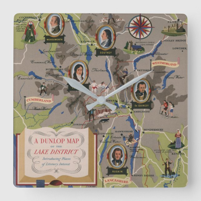 Reloj Cuadrado Mapa Dunlop del distrito de los lagos, Inglaterra (Anverso)
