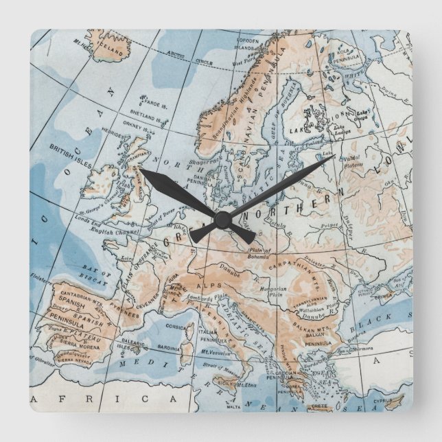 Reloj Cuadrado Mapa físico de Europa (1916) (Anverso)