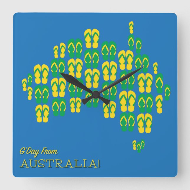 Reloj Cuadrado Mapa hecho de thongs australianos (Anverso)
