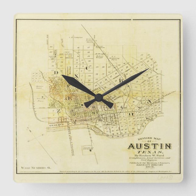 Reloj Cuadrado Mapa histórico de Austin (Anverso)