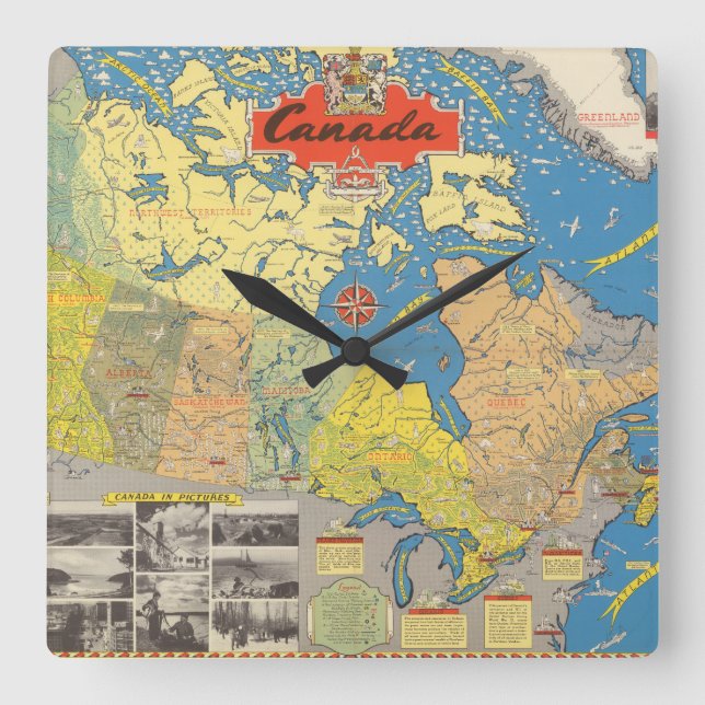 Reloj Cuadrado Mapa ilustrado de Canadá - señales (Anverso)