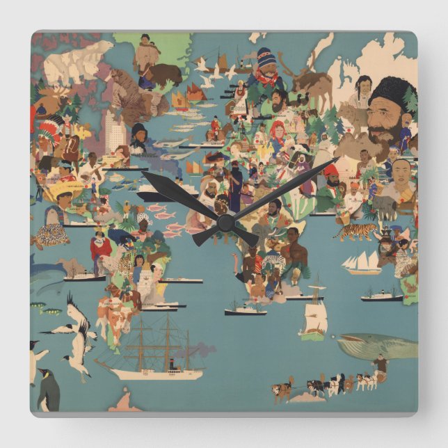 Reloj Cuadrado Mapa ilustrado del mundo (Anverso)