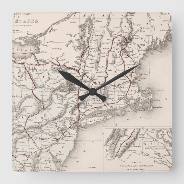 Reloj Cuadrado Mapa: Los E.E.U.U. de nordeste (Anverso)