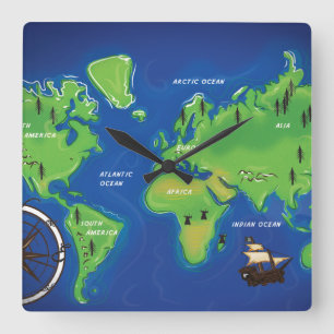 Reloj Cuadrado Mapa mundial