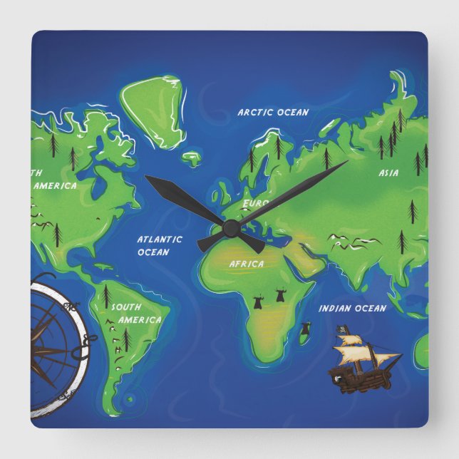 Reloj Cuadrado Mapa mundial (Anverso)
