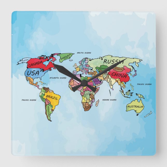 Reloj Cuadrado Mapa mundial (Anverso)