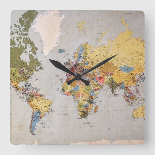 Reloj Cuadrado mapa mundial (Anverso)