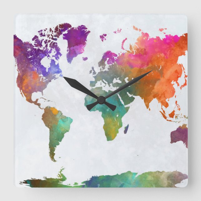 Reloj Cuadrado Mapa Mundial de Acuarela (Anverso)