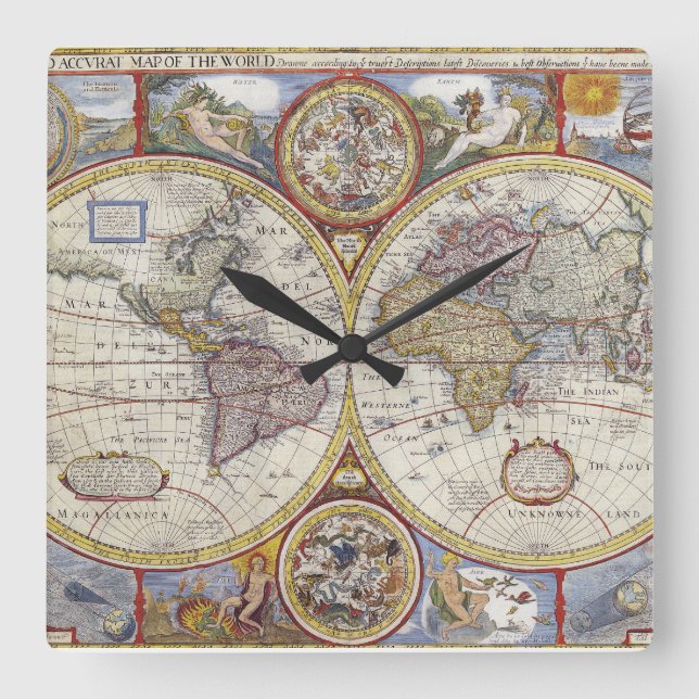 Reloj Cuadrado Mapa Mundial de la Viña de 1626 (Anverso)