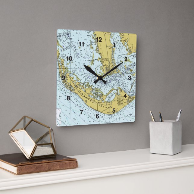 Reloj Cuadrado Mapa Náutico de la Isla Sanibel Captiva (Oficina)