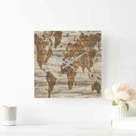 Reloj Cuadrado Mapa pardo de la huella mundial