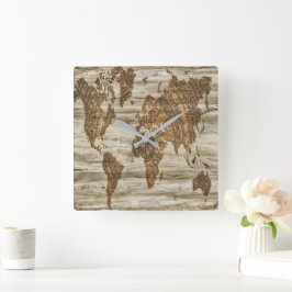 Reloj Cuadrado Mapa pardo de la huella mundial