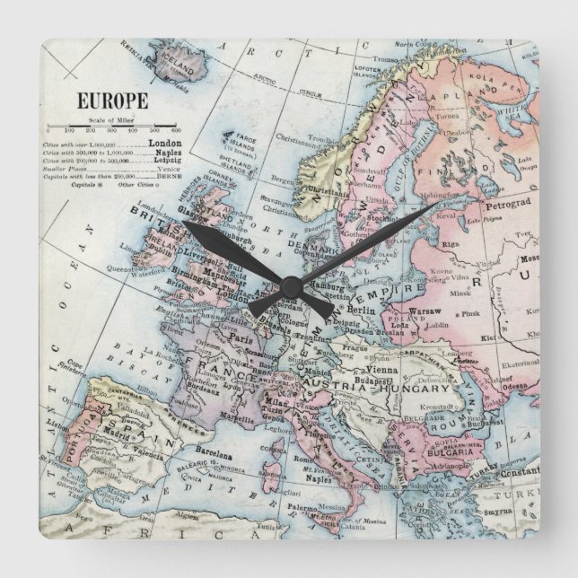 Reloj Cuadrado Mapa político de Europa (1916) (Anverso)