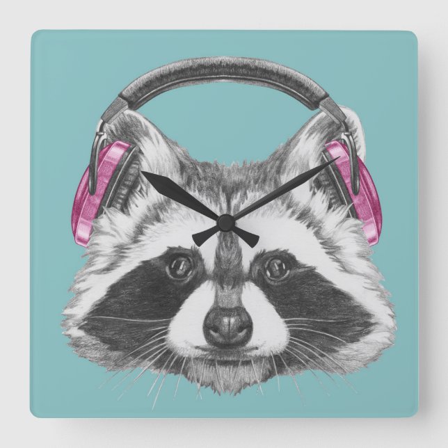 Reloj Cuadrado Mapache de los auriculares (Anverso)