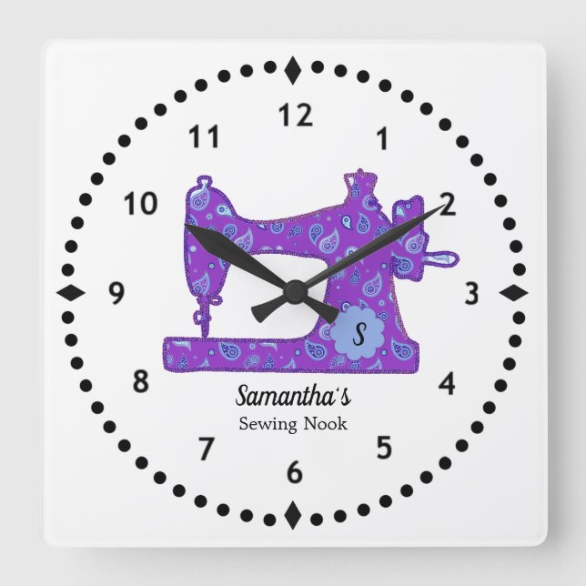 Reloj Cuadrado Máquina de coser paisley púrpura grande (Anverso)