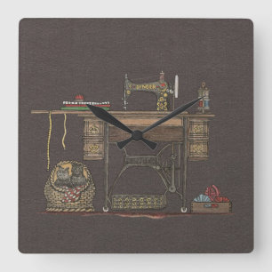 Reloj Cuadrado Máquina de coser y gatitos del pedal